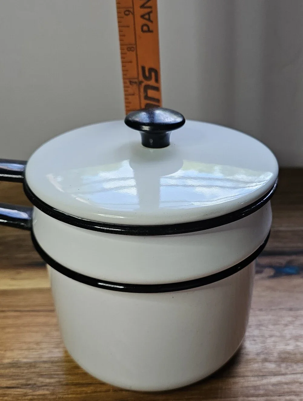 Vintage Vollrath Ware Enamel Double  Boiler 3 Piece Set White Black Trim